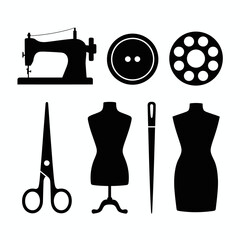 Sewing Tools and Equipment Icons in Black Silhouette Design