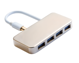 Gold usbc hub with four usb ports and a cable, isolated on transparent background