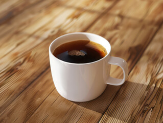 Obraz premium A white mug filled with dark drink on a wooden surface under bright lighting in a close up view