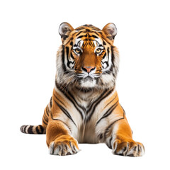 Fototapeta premium A majestic Bengal tiger lounges calmly, showcasing its striking orange coat and distinctive black stripes.