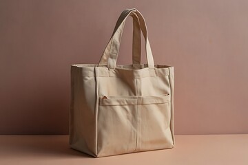 A beige canvas tote bag stands elegantly against a neutral backdrop, showcasing its simple design and sustainable appeal for everyday use