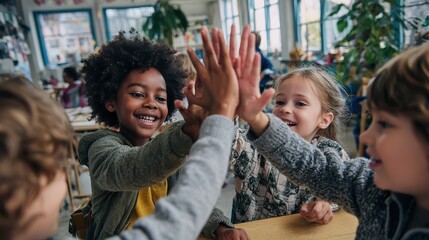 Happy diverse multiethnic kids junior school students group giving high five together in classroom. Excited children celebrating achievements, teamwork, diversity and friendship with highfive concept