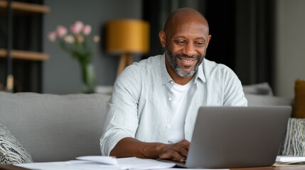 Smiling black man using laptop at home in living room. Happy mature businessman send email and working at home. African american freelancer typing on computer with paperworks and documents on table.,
