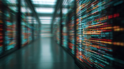 Creative coding lines on blurry server room background. Programming and hardware concept. Double exposure , no logos, no brands