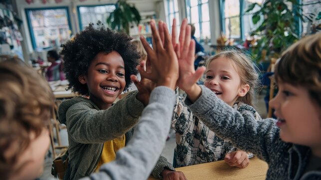 Happy diverse multiethnic kids junior school students group giving high five together in classroom. Excited children celebrating achievements, teamwork, diversity and friendship with highfive concept