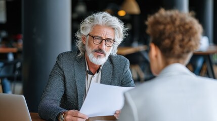 Senior committee manager reading a resume during a job interview, Employer interviewing to ask young male job seeker for recruitment talking in office., no logos, no brands