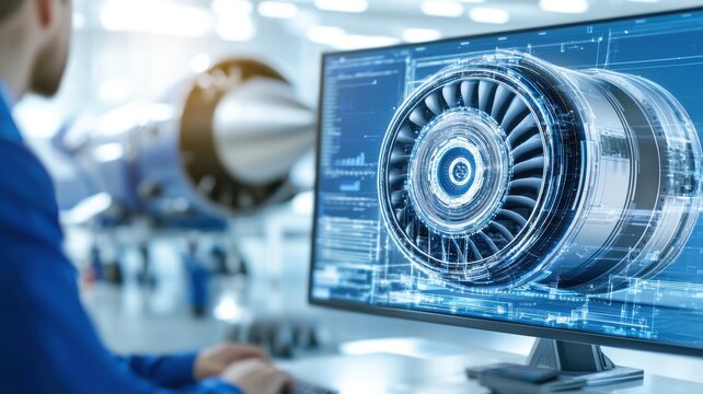Engineer mechanical simulation Concept. A person analyzes a digital model of a jet engine on a computer screen in an engineering environment.