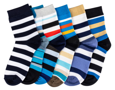 Colorful Striped Socks Rolled Up, Close-Up View, Isolated on Transparent Background