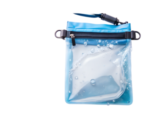 Blue waterproof phone pouch with water splashes isolated on transparent background