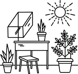 classroom with teachers desk plants and sunlight