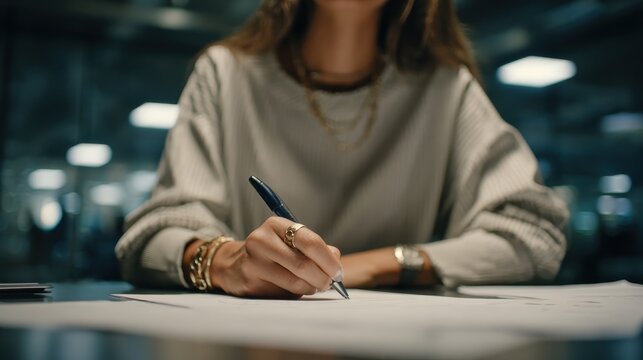 A young girl sits in the office at the table, holds a pen in her hand and fills out the documents., no logos, no brands