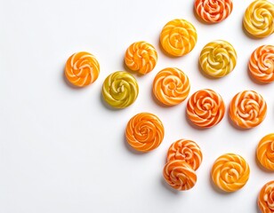 Caramelos duros tipo espiral ordenados en fondo blanco