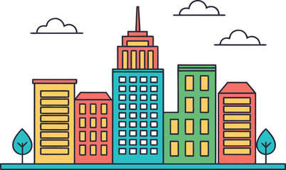 Fototapeta premium Colorful cartoon city skyline with buildings and trees illustration