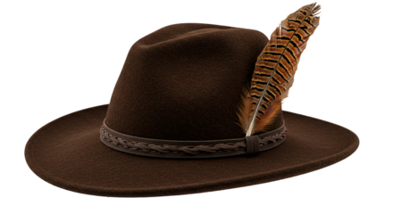 Stylish brown fedora hat with feather accessory for men and women fashion headwear style guide on transparent background