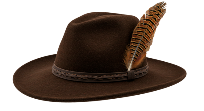 Stylish brown fedora hat with feather accessory for men and women fashion headwear style guide on transparent background - Powered by Adobe