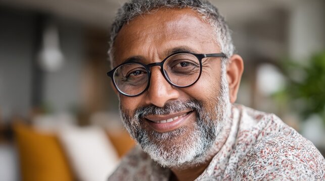 Smiling mature indian man wearing spectacles and looking at camera. Middle eastern confident businessman at office. Portrait of successful mid entrepreneur feeling satisfied and working from home., n