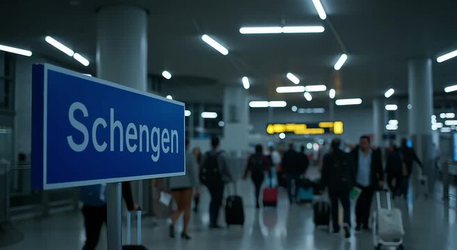 Schengen sign with travelers waiting in busy airport terminal  