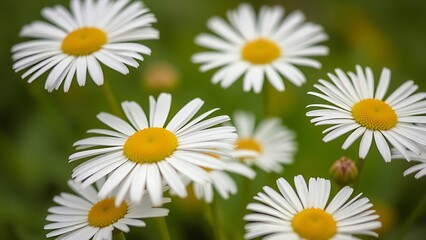 Fototapeta premium Close-up of fresh daisies with a soft green backdrop, natural light enhancing their delicate beauty.