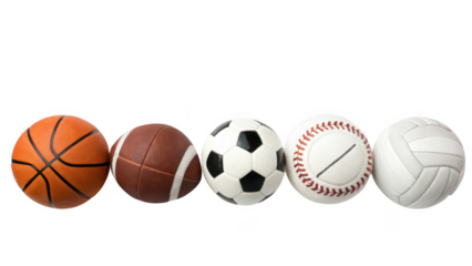A collection of five different sports balls including basketball soccer baseball volleyball and football isolated on transparent background