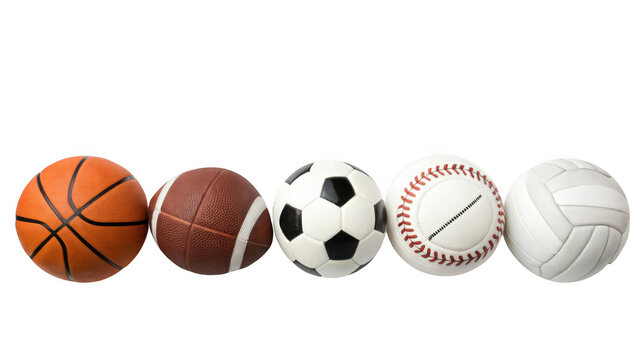 A collection of five different sports balls including basketball soccer baseball volleyball and football isolated on transparent background - Powered by Adobe
