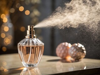 A luxurious perfume bottle sprays a fine mist, set against a blurred background with golden bokeh, creating an elegant and glamorous scene