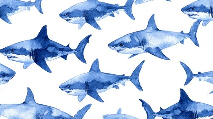 Watercolor Shark Pattern. Ocean Predator Illustration for Kids