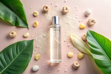 clear toner bottle with silver cap on pastel light pink background, surrounded by banana leaf segments, beige pumice stones, and scattered water droplets