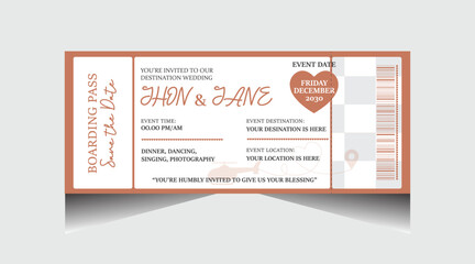 Destination Wedding Pass Vector, Wedding Invitation Ticket, Vector ticket wedding invitation, Card invite design, marriage greeting illustration