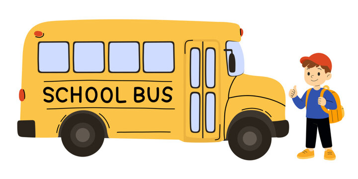 Back to school illustration with yellow school bus and smiling happy schoolboy in a red cap and backpack giving thumbs up beside a classic yellow school bus. Perfect for back to school graphics. - Powered by Adobe
