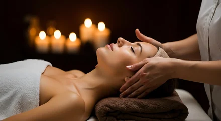 Keuken achterwand Massagesalon Woman enjoying relaxing face massage at spa with candles  © Syartinolky | Works