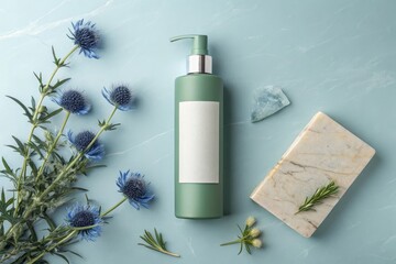 Luxury minimalist skincare packaging mockup on light blue background, centered tall slender pump bottle in matte white with blank label, placed on small stone or marble slab, surrounded by scattered b