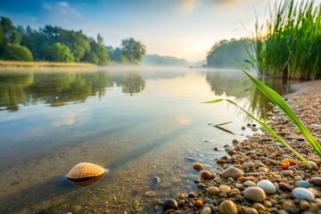 serene riverside scene with pebbles and leaf, misty forest in distance, soft natural light