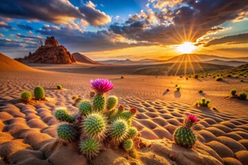 sunlit desert scene with green cacti sprouts, vivid purple flower, rolling dunes and rugged rocks, warm golden sky