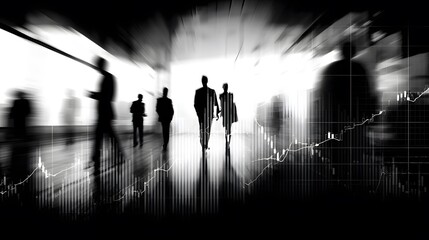 Corporate finance concept with a motion-blurred business team walking forward and a stock market chart overlay showing financial growth