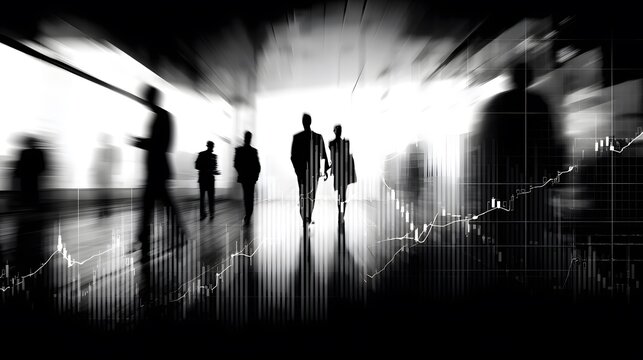 Corporate finance concept with a motion-blurred business team walking forward and a stock market chart overlay showing financial growth