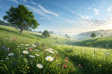 A serene meadow filled with wildflowers under a bright sky, showcasing a tranquil and idyllic landscape