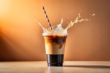 clear plastic cup with iced black coffee and milk, coral gradient background, light beige surface