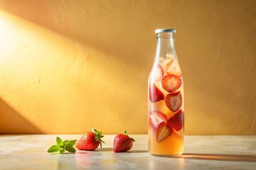 transparent bottle filled with pink lemonade and strawberry slices with condensation on a light concrete surface against pale orange gradient background, casting soft shadow