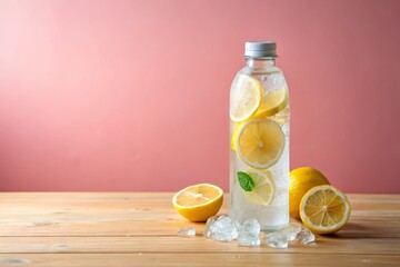 transparent plastic bottle with lemon-infused water and ice cubes on white wooden surface against pastel pink gradient background, soft shadow
