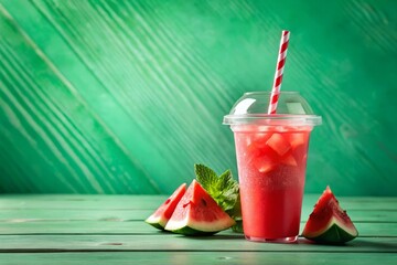 clear cup with watermelon juice and ice cubes, mint green gradient background