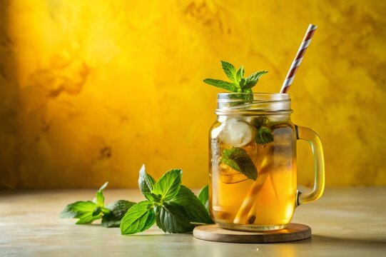 glass mason jar filled with iced tea and mint leaves, reusable bamboo straw on white marble surface against sunny yellow gradient background