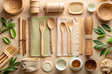 flat lay of eco-friendly kitchen utensils arranged symmetrically on cream-colored background, earthy browns, beiges, and muted greens with soft, diffused lighting