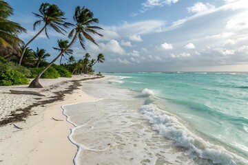 Palm trees sway gently along the white sand beach as turquoise waves roll in from the ocean under a partly cloudy sky
