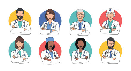 Diverse group of healthcare professionals in circular frames representing medical expertise and compassionate patient care
