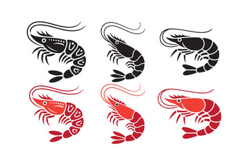 Shrimp and Prawn Vector Icons Set. Black and Red Stylized Seafood Silhouettes. Victor illustration eps10