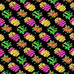 Colorful abstract doodle pattern with vibrant shapes on black background  