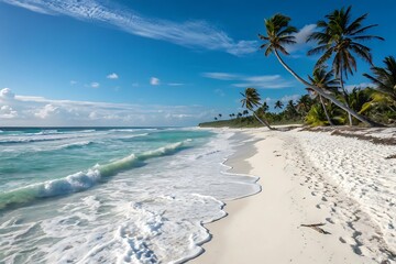 White sand meets the turquoise sea on a tropical beach lined with palm trees under a bright blue sky with scattered clouds