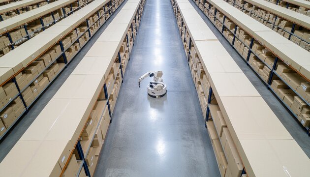 Global Supply Chain Logistics: A drone's top-down view of automated robots organizing packages in a massive, clean, and modern warehouse