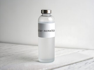 A clear glass water bottle with a stay hydrated label sits on a white table against a plain background