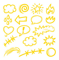 Yellow doodle icons collection for graphic design elements vector